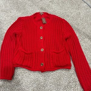 33 Coastal Red Knit Cardigan with Gold Front Buttons